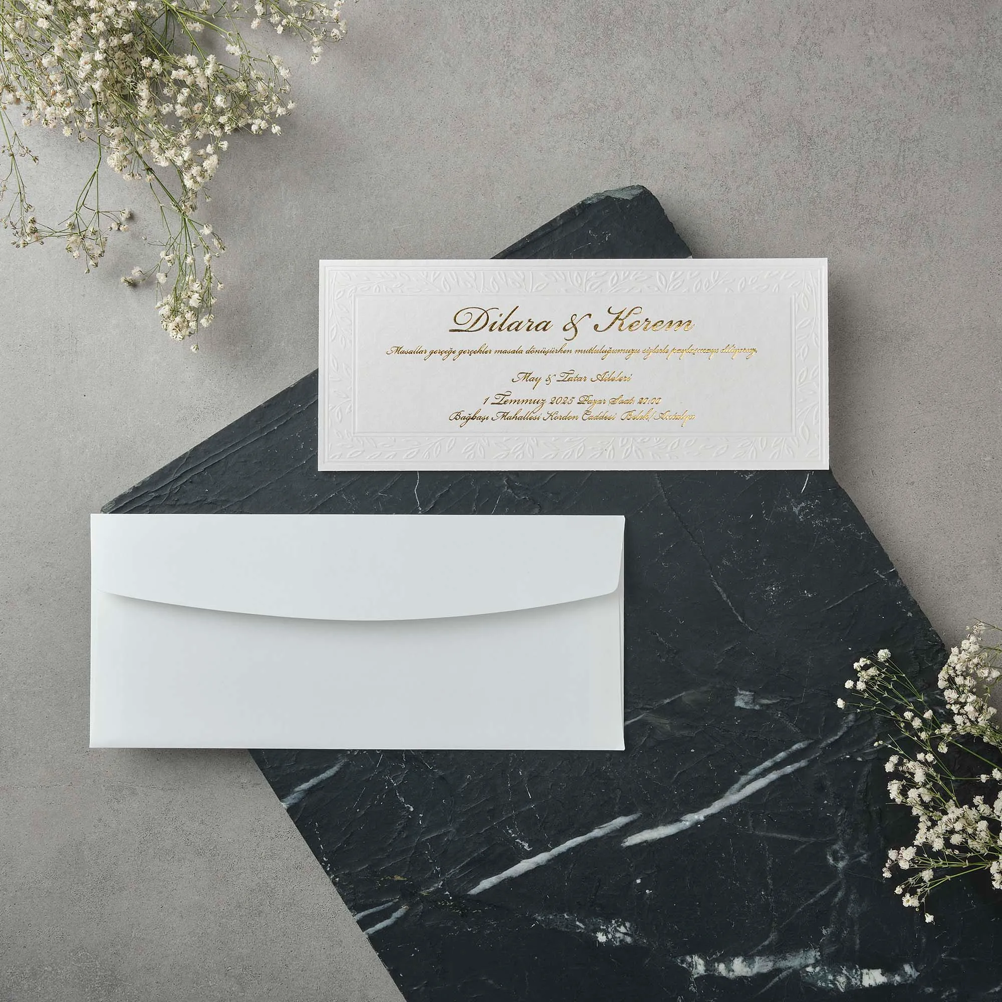 Embossed Floral Border Wedding Invitation with Gold Script