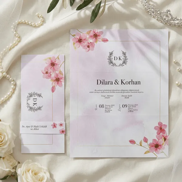 Pink Background Wedding Invitation with Cherry Blossoms