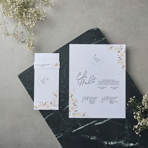 Script Monogram Wedding Invitation with Beige Blossoms