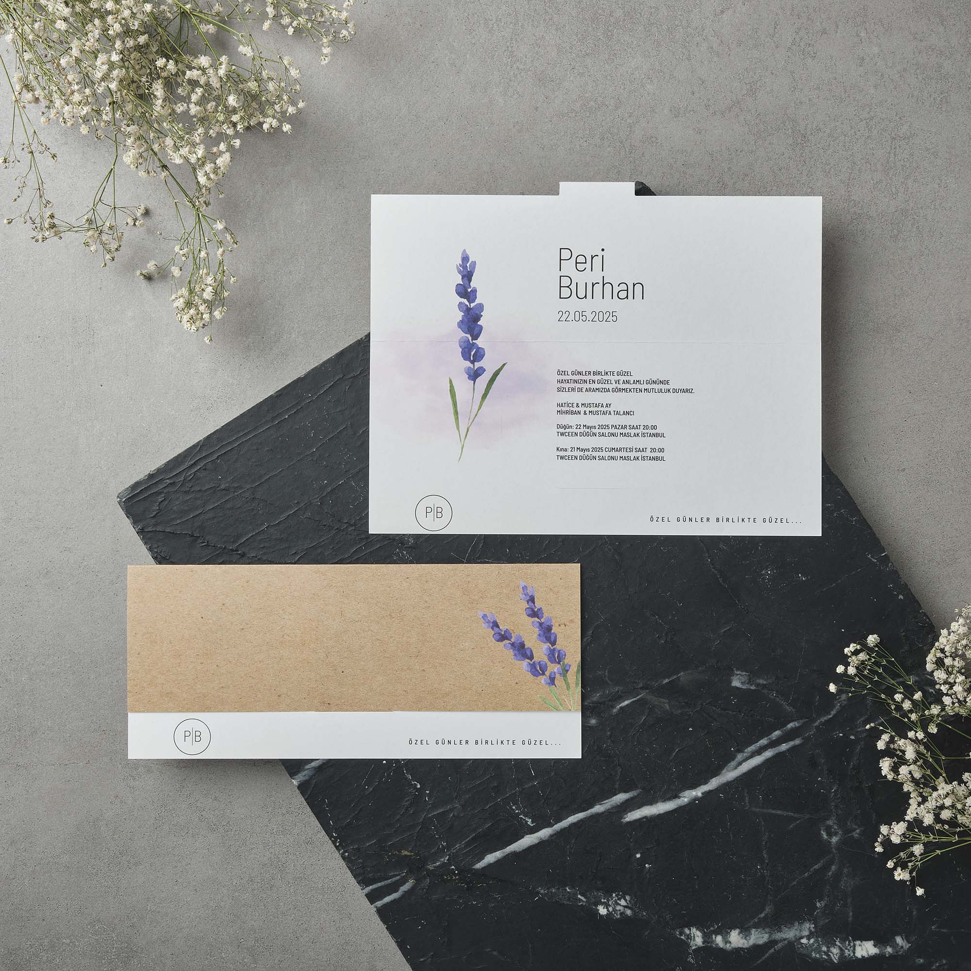 Horizontal Wedding Invitation with Lavender and Kraft Panel