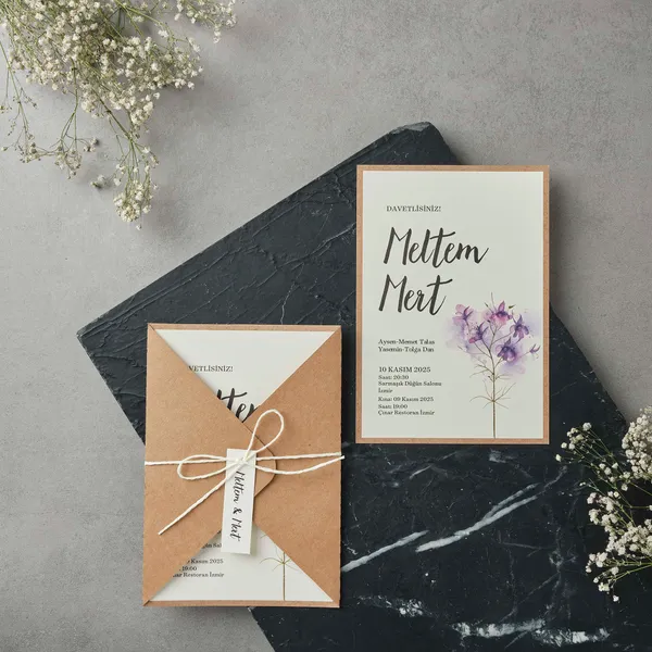 Kraft Border Wedding Invitation with Purple Wildflowers