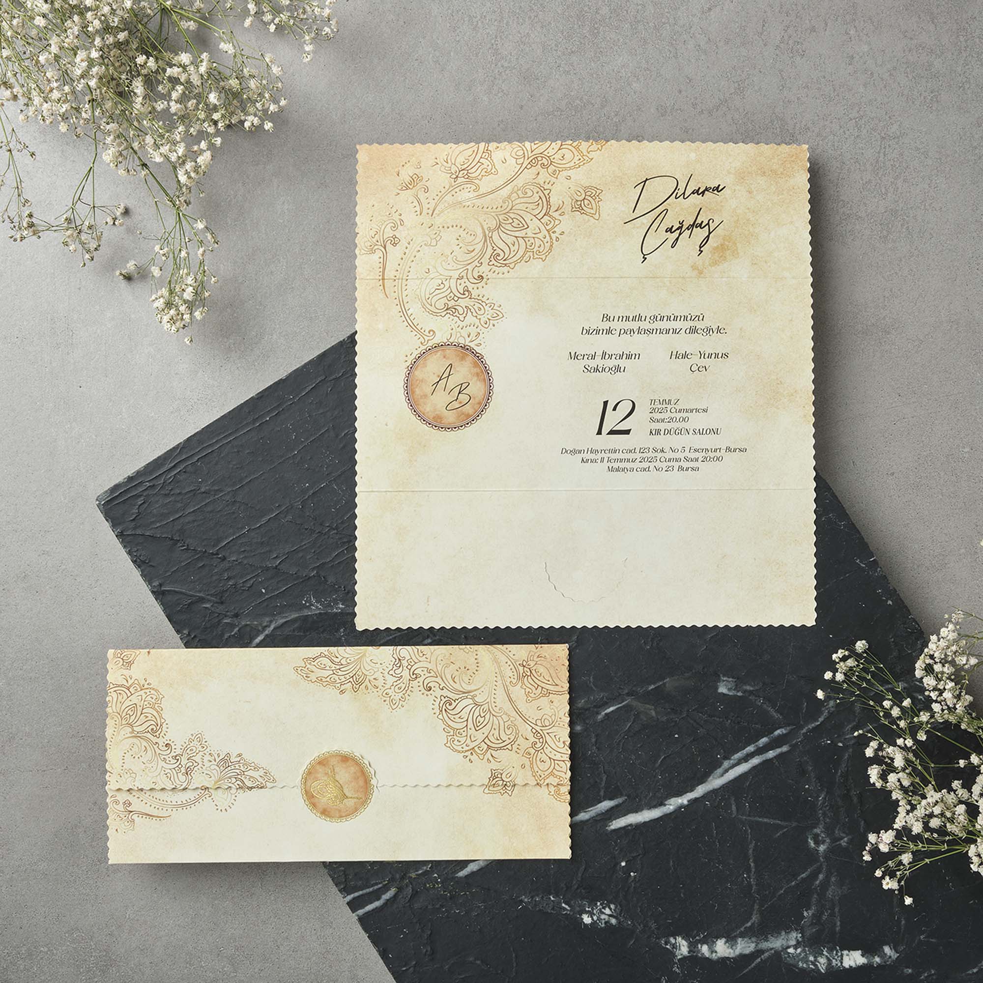 Vintage Parchment Wedding Invitation with Ornate Paisley