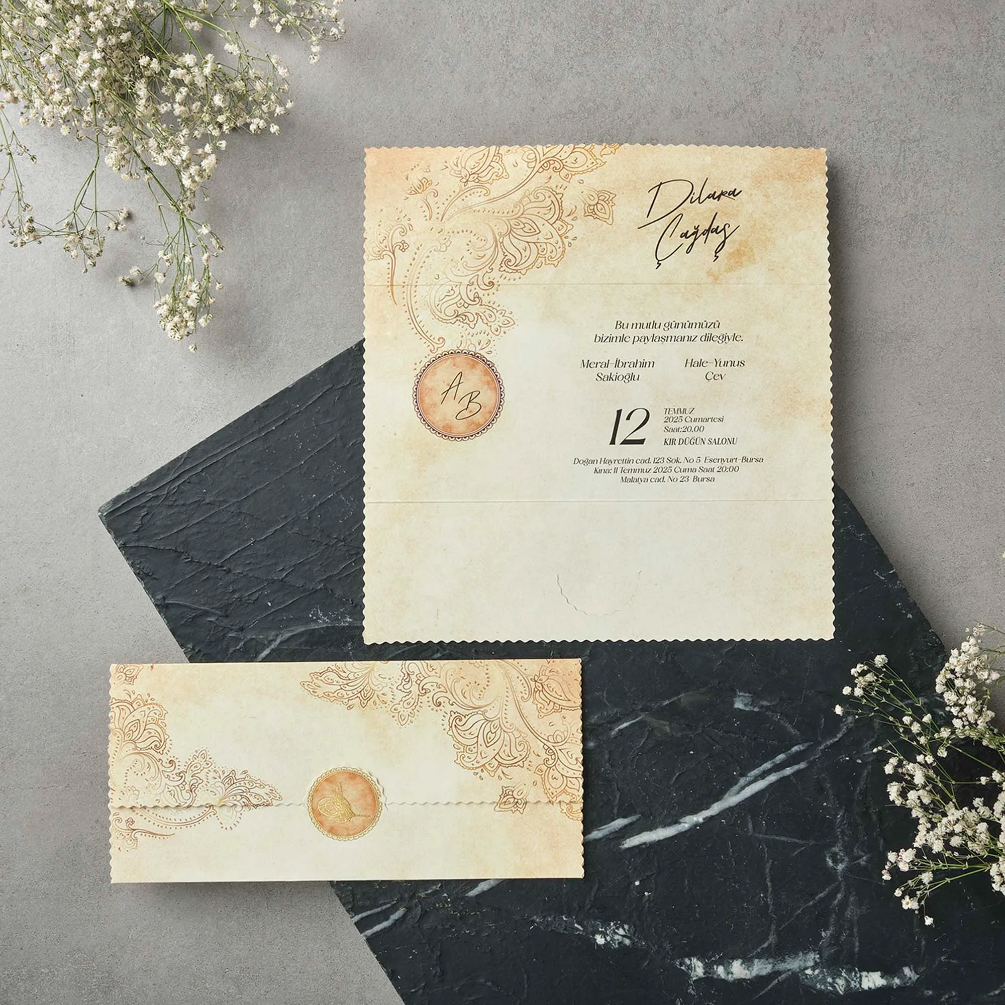 Vintage Parchment Wedding Invitation with Ornate Paisley