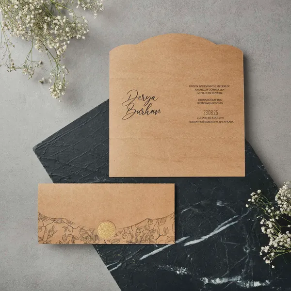 Kraft Paper Wedding Invitation with Floral Line Art Border