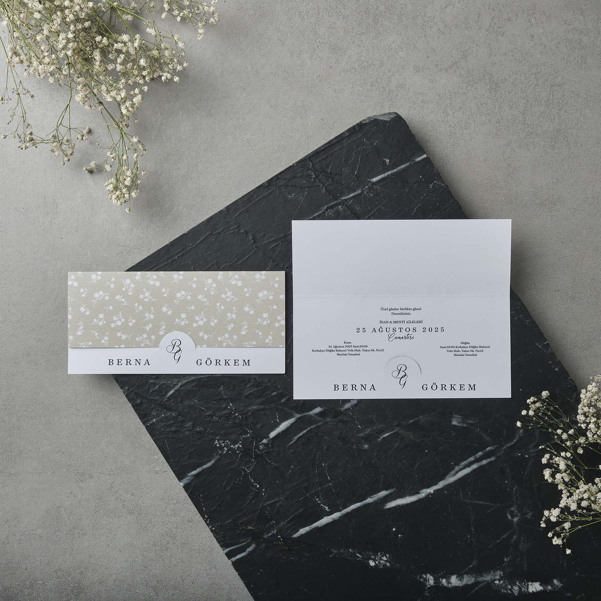 Horizontal Wedding Invitation with Beige Floral Panel