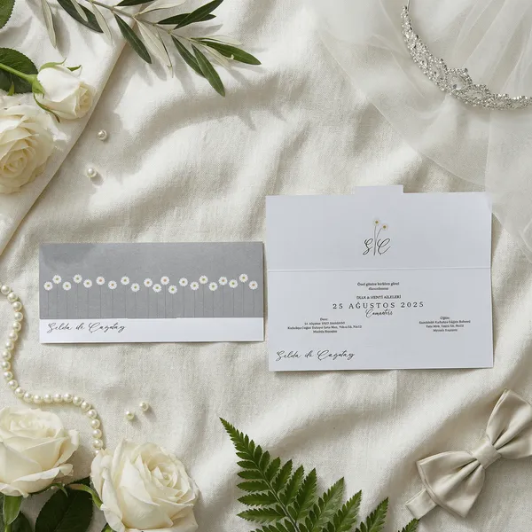 Wedding Invitation with Gray Daisy Pattern Panel