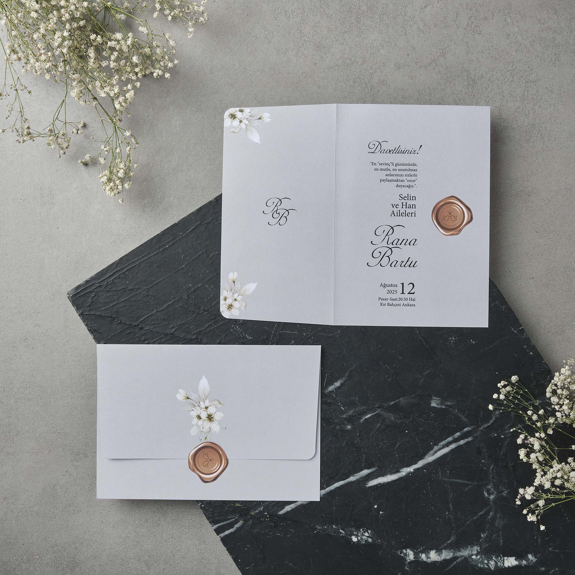 Bifold Wedding Invitation with Cherry Blossoms and Copper Wax Seal