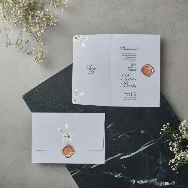 Bifold Wedding Invitation with Cherry Blossoms and Copper Wax Seal