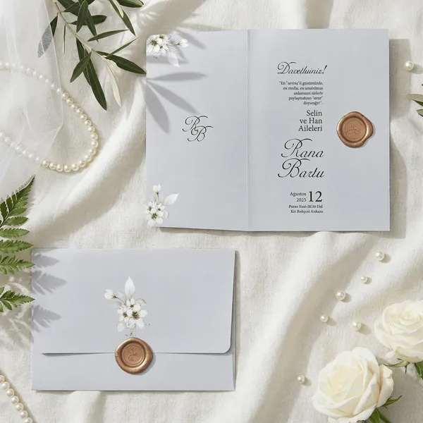 Bifold Wedding Invitation with Cherry Blossoms and Copper Wax Seal