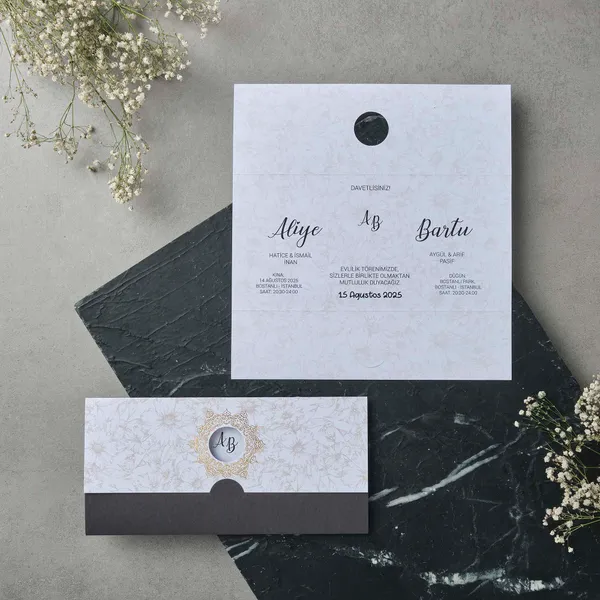 Square Wedding Invitation with Marble Texture and Gold Medallion