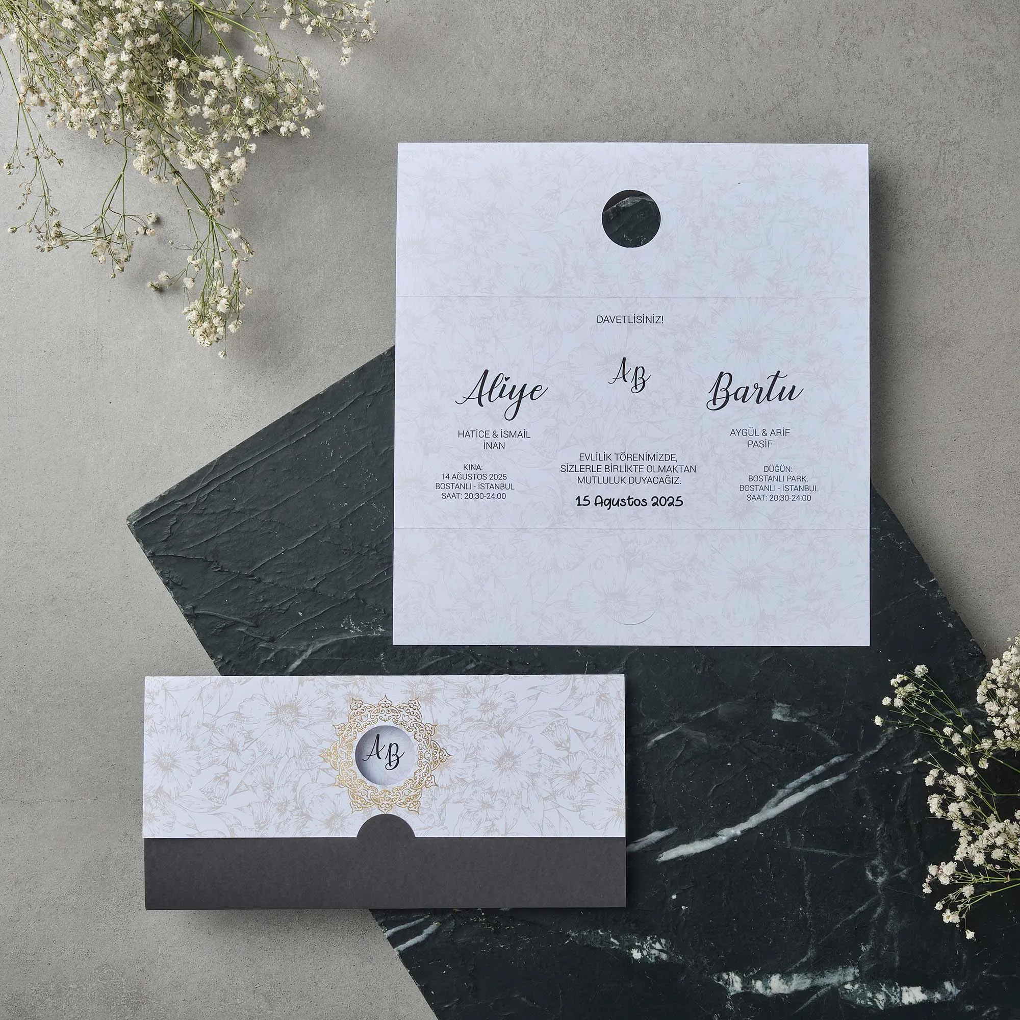 Square Wedding Invitation with Marble Texture and Gold Medallion