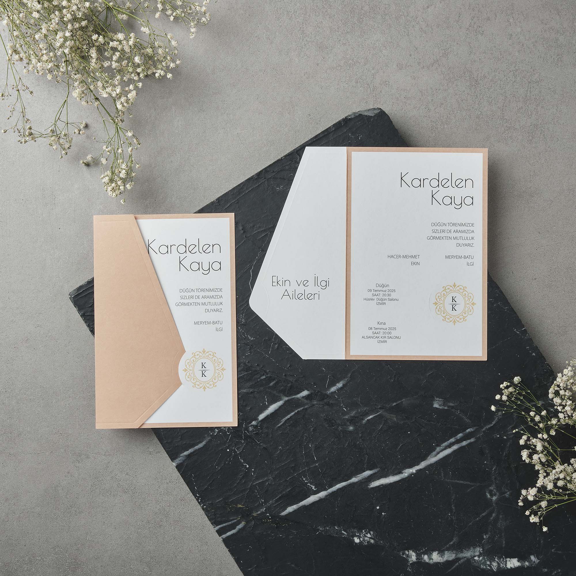 Peach Border Frame Wedding Invitation with Gold Medallion