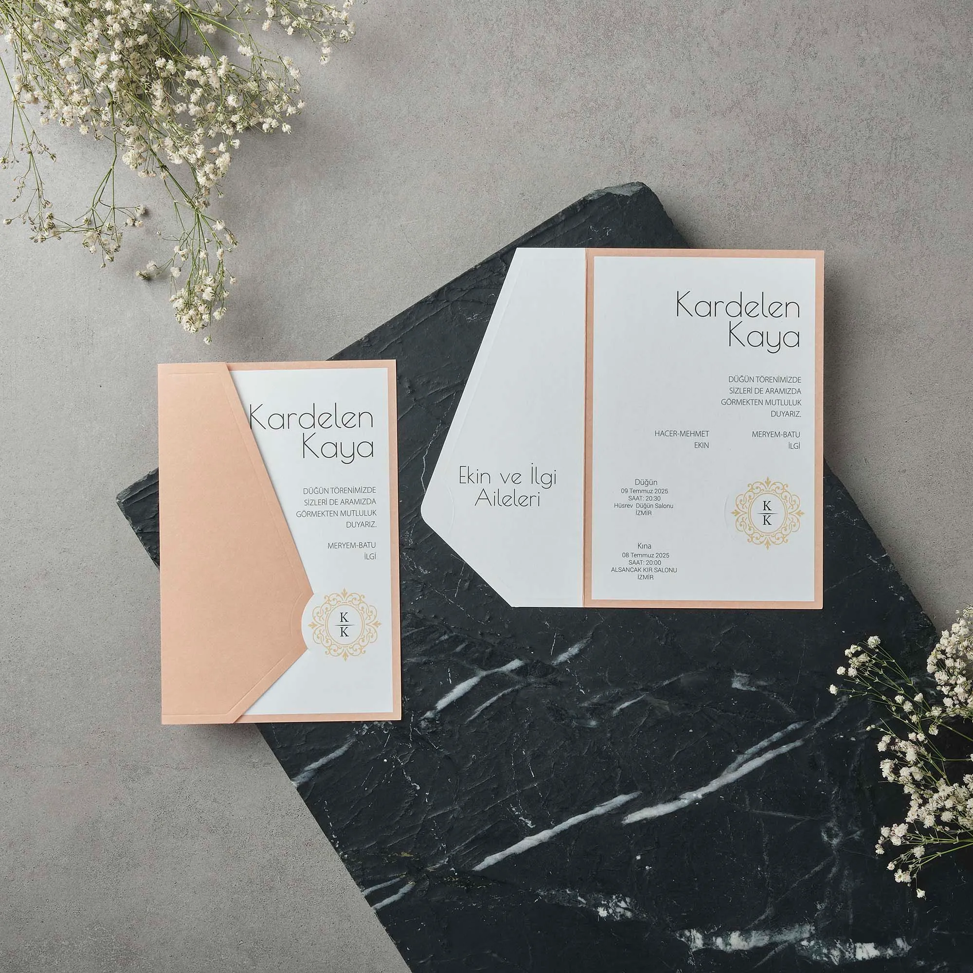 Peach Border Frame Wedding Invitation with Gold Medallion