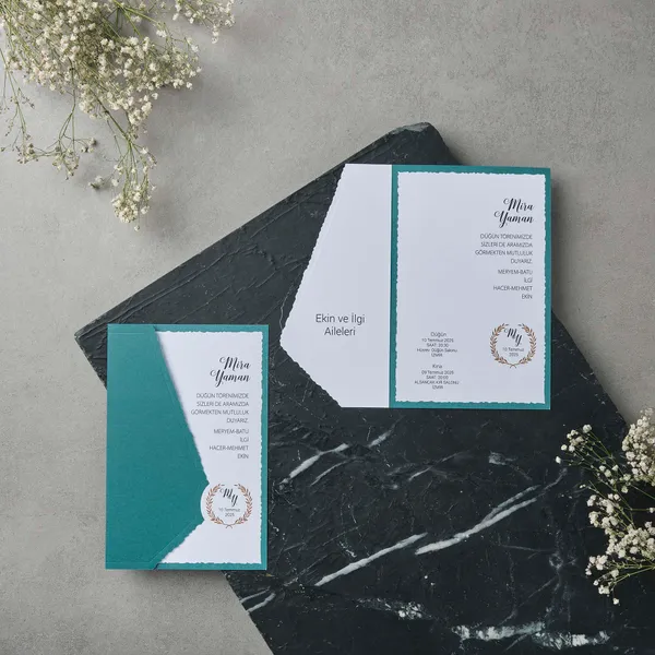 Teal Border Floral Wreath Wedding Invitation