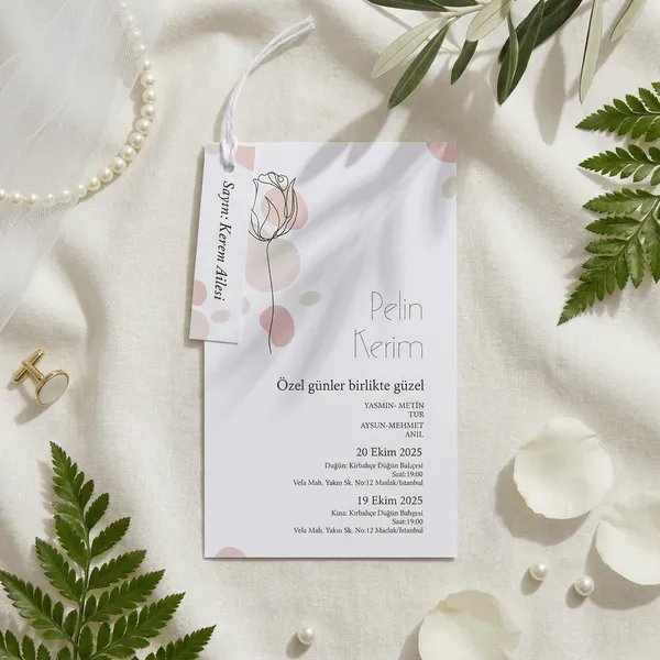 Pink Tulip Line Art Wedding Invitation