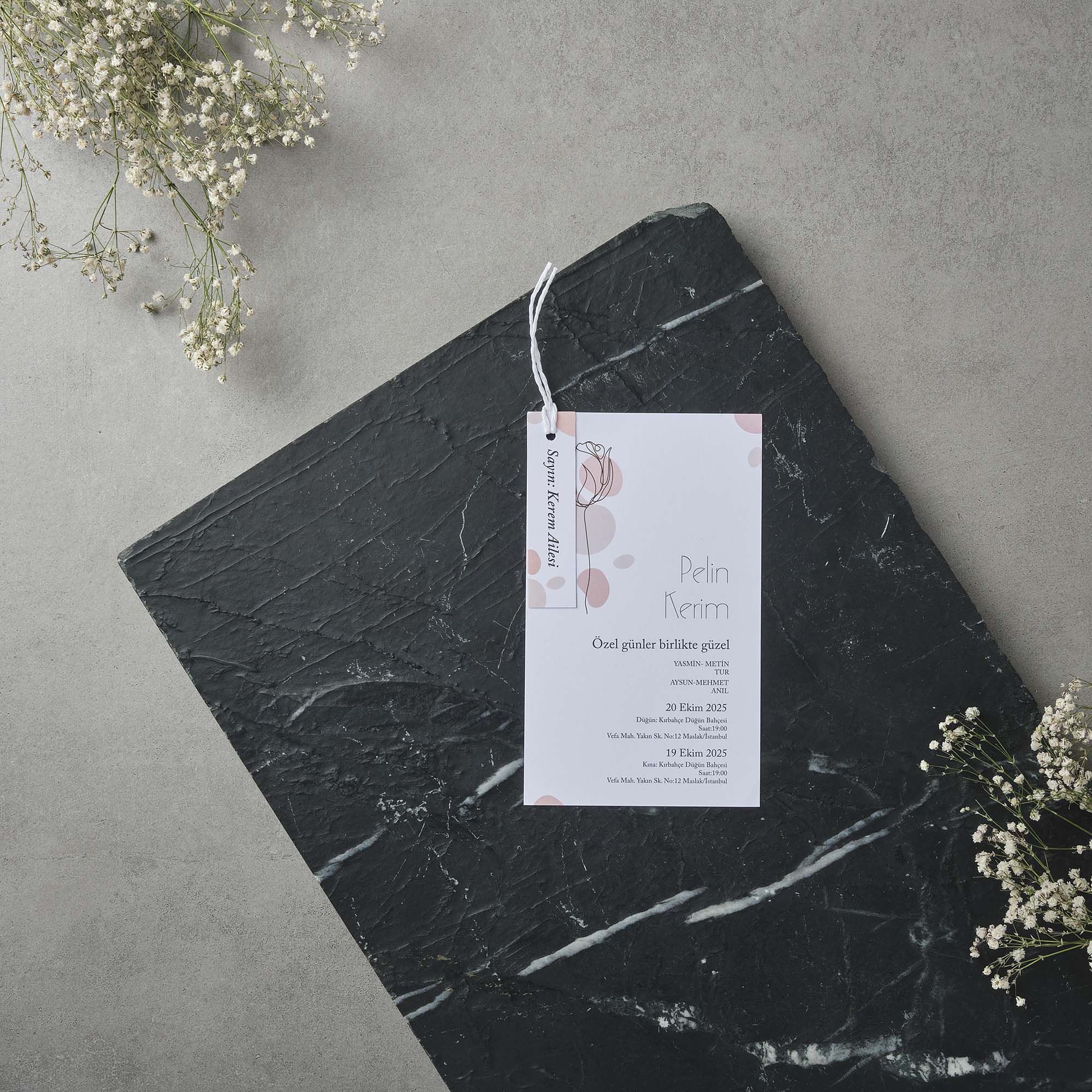 Pink Tulip Line Art Wedding Invitation