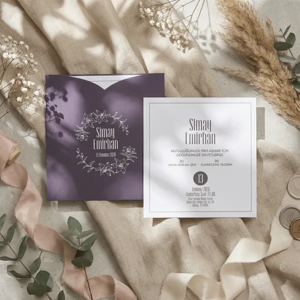 Modern Square Wedding Invitation with Floral Wreath