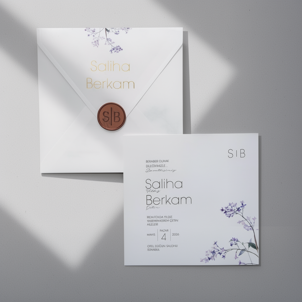 Purple Floral Wedding Invitation with Wax Seal