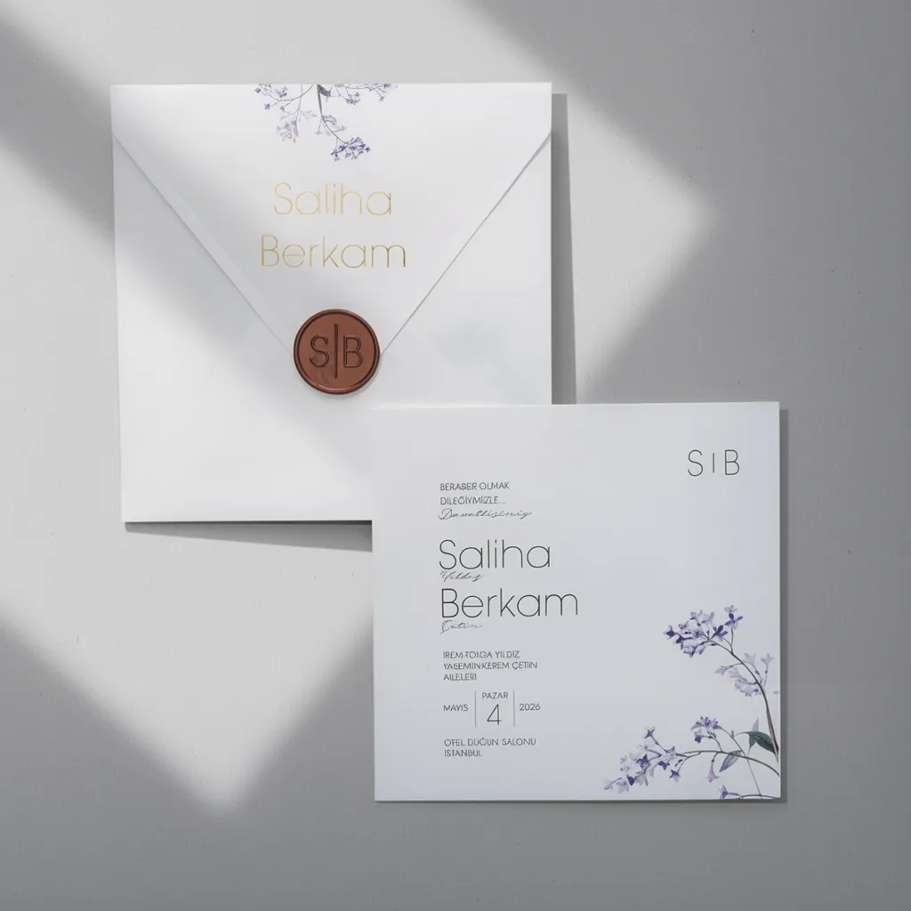 Purple Floral Wedding Invitation with Wax Seal