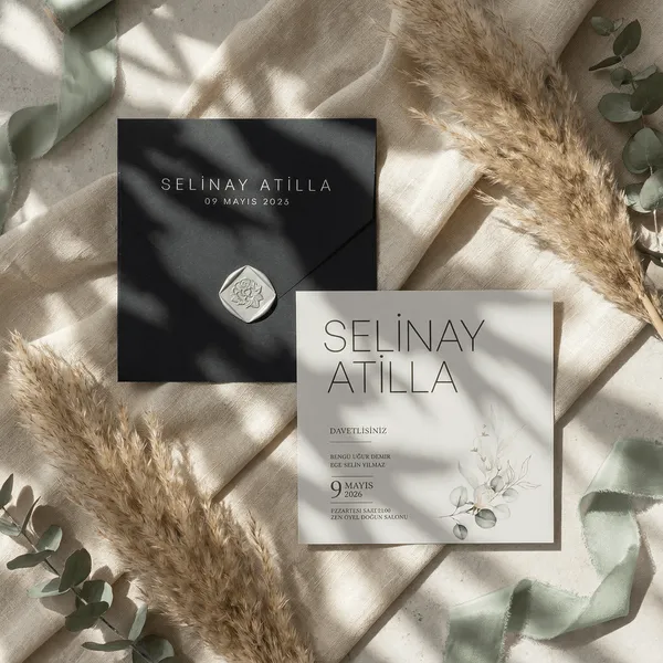 Botanical Wax Seal Black & White Wedding Invitation