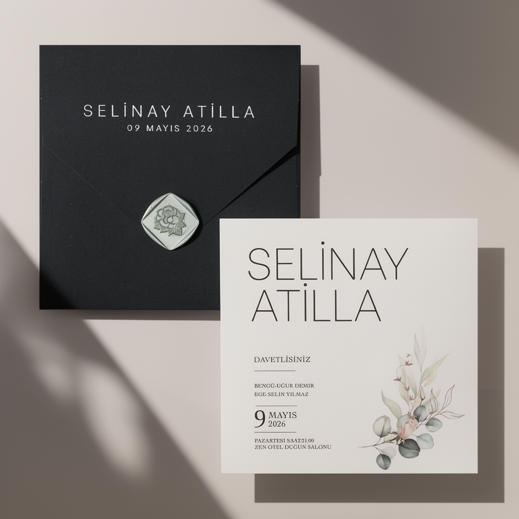 Botanical Wax Seal Black & White Wedding Invitation