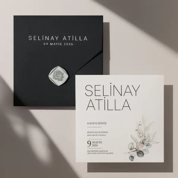 Botanical Wax Seal Black & White Wedding Invitation