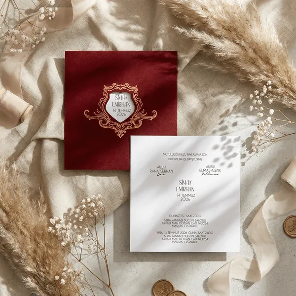 Burgundy Gold Frame Wedding Invitation