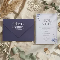 Navy Blue Floral Wedding Invitation