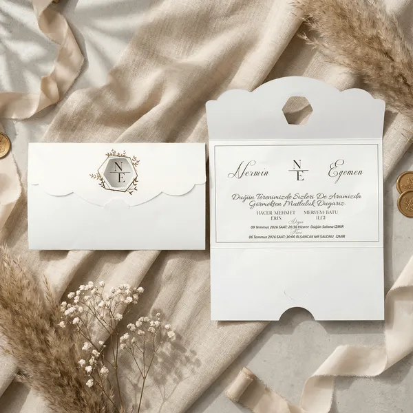 White Pocket Wedding Invitation with Monogram