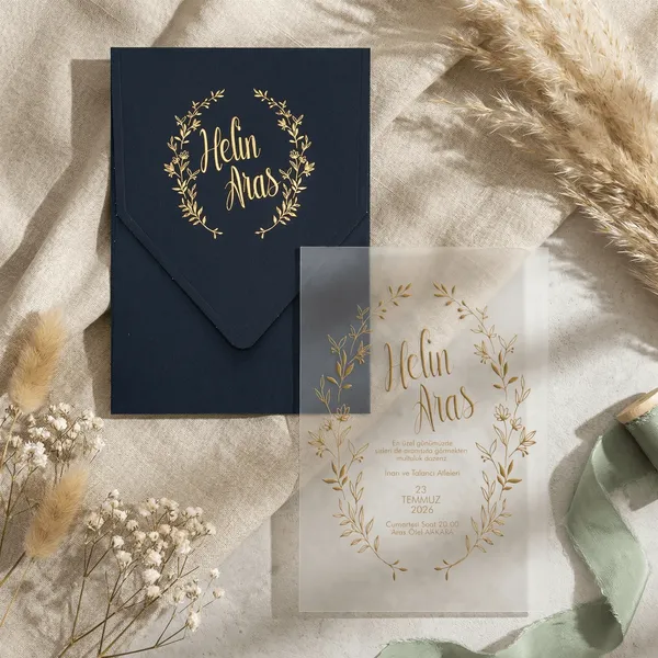 Navy Gold Wreath Wedding Invitation
