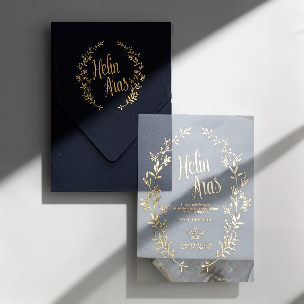 Navy Gold Wreath Wedding Invitation