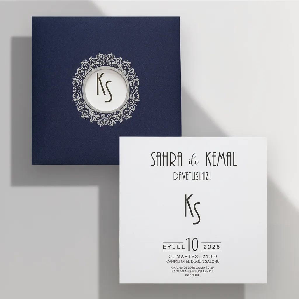 Navy Monogram Wedding Invitation