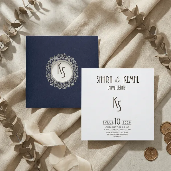Navy Monogram Wedding Invitation