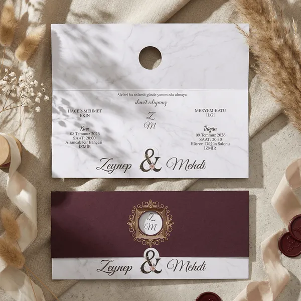 Marble & Burgundy Monogram Invitation